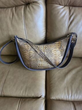 Croc-Embossed Brown & Black Shoulder Bag
